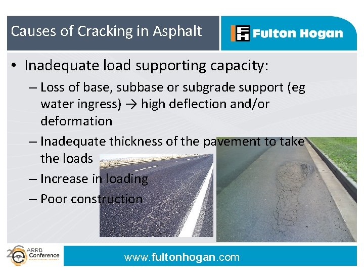 Causes of Cracking in Asphalt • Inadequate load supporting capacity: – Loss of base,