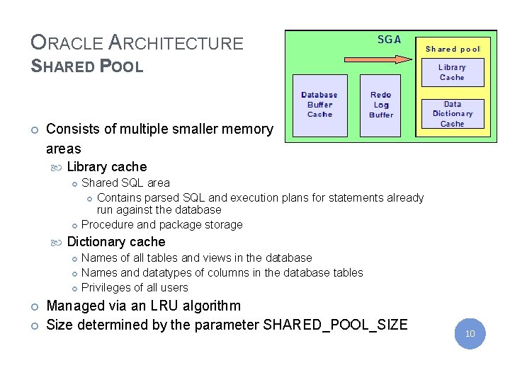 IBM India Private Limited ORACLE ARCHITECTURE SHARED POOL ¢ Consists of multiple smaller memory