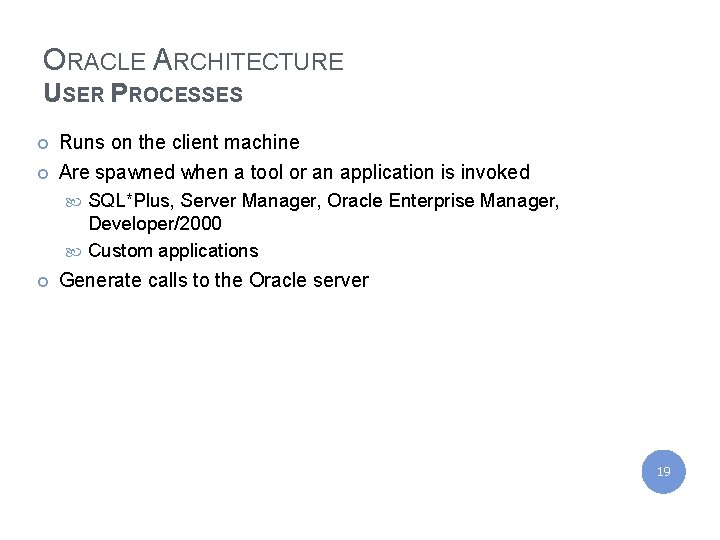 IBM India Private Limited ORACLE ARCHITECTURE USER PROCESSES ¢ ¢ Runs on the client