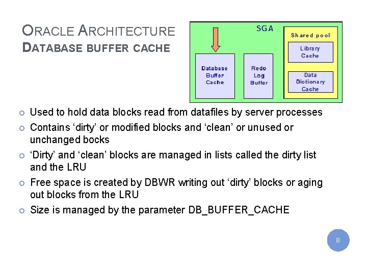 IBM India Private Limited ORACLE ARCHITECTURE DATABASE BUFFER CACHE ¢ ¢ ¢ Used to