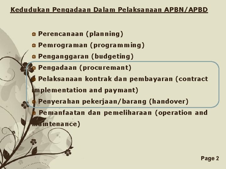 Kedudukan Pengadaan Dalam Pelaksanaan APBN/APBD Perencanaan (planning) Pemrograman (programming) Penganggaran (budgeting) Pengadaan (procuremant) Pelaksanaan