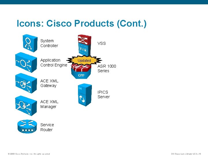 Icons: Cisco Products (Cont. ) System Controller Application Control Engine VSS Updated ASR 1000