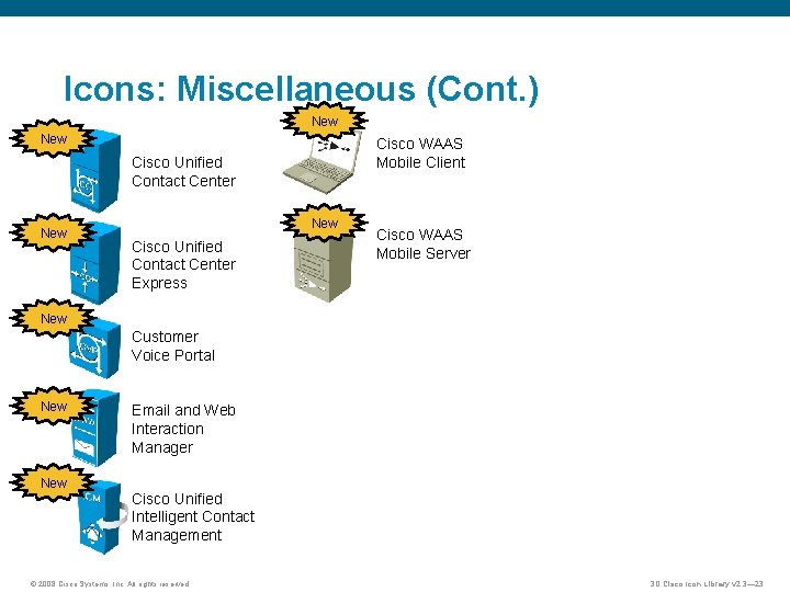 Icons: Miscellaneous (Cont. ) New Cisco WAAS Mobile Client Cisco Unified Contact Center New