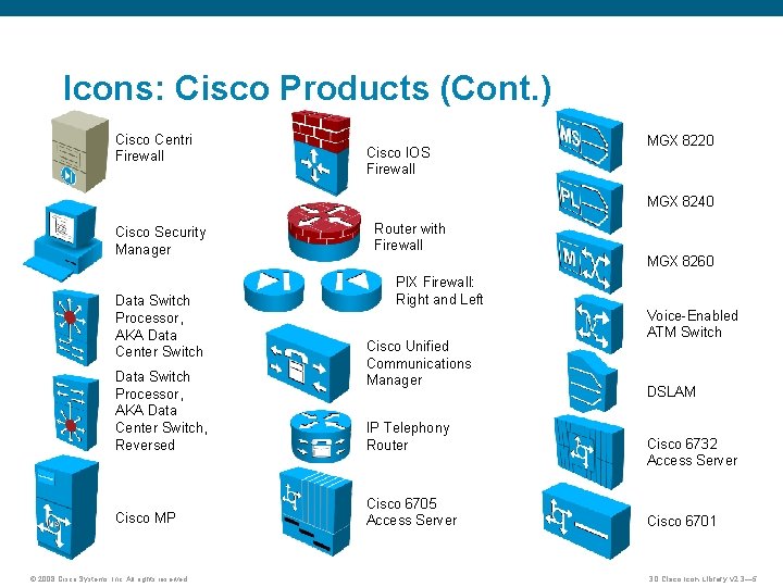 Icons: Cisco Products (Cont. ) Cisco Centri Firewall Cisco IOS Firewall MGX 8220 MGX Icons: Cisco Products (Cont. ) Cisco Centri Firewall Cisco IOS Firewall MGX 8220 MGX