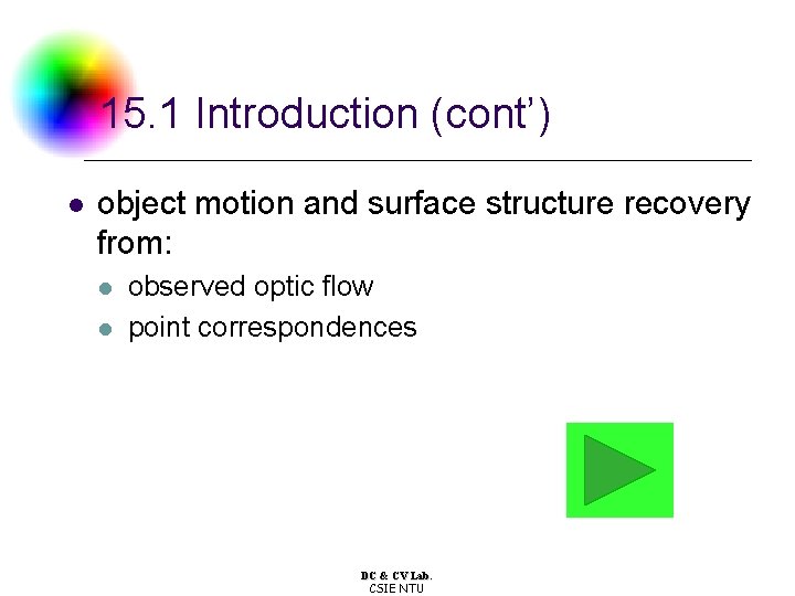 15. 1 Introduction (cont’) l object motion and surface structure recovery from: l l