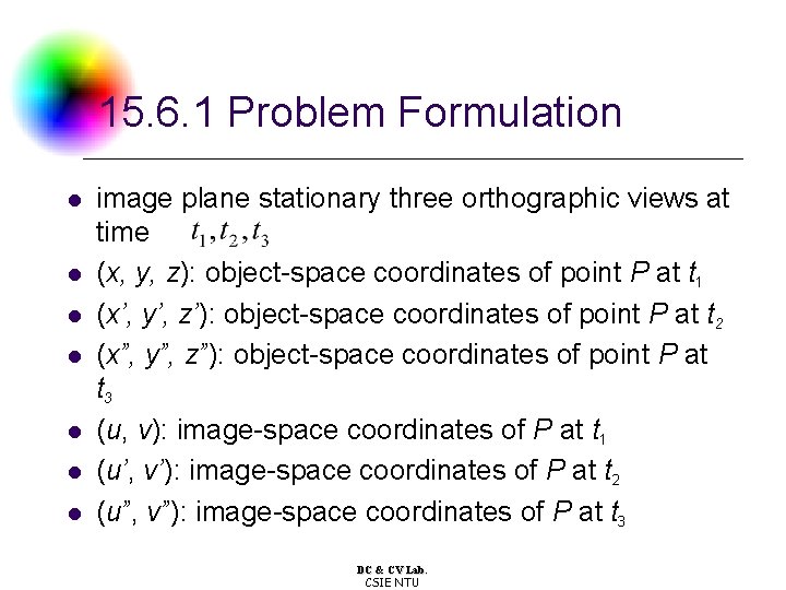 15. 6. 1 Problem Formulation l l l l image plane stationary three orthographic