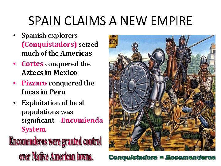 SPAIN CLAIMS A NEW EMPIRE • Spanish explorers (Conquistadors) seized much of the Americas