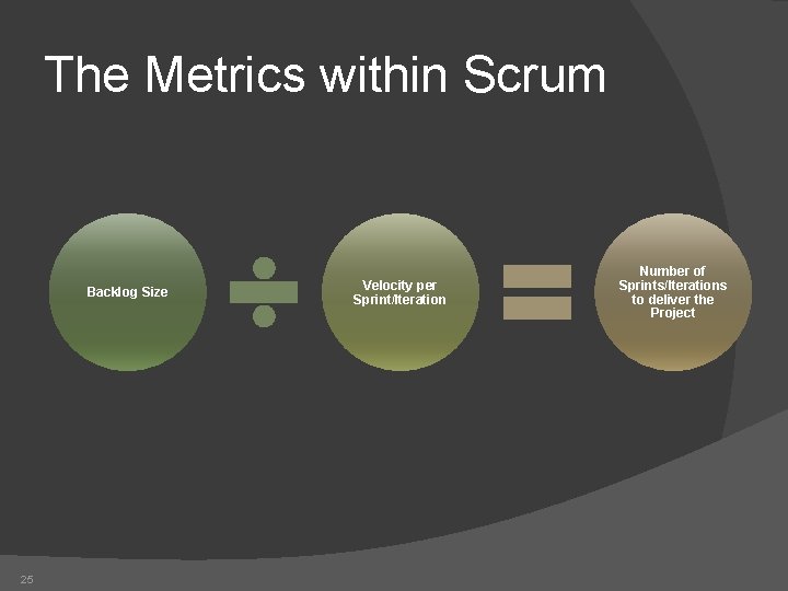 The Metrics within Scrum Backlog Size 25 Velocity per Sprint/Iteration Number of Sprints/Iterations to