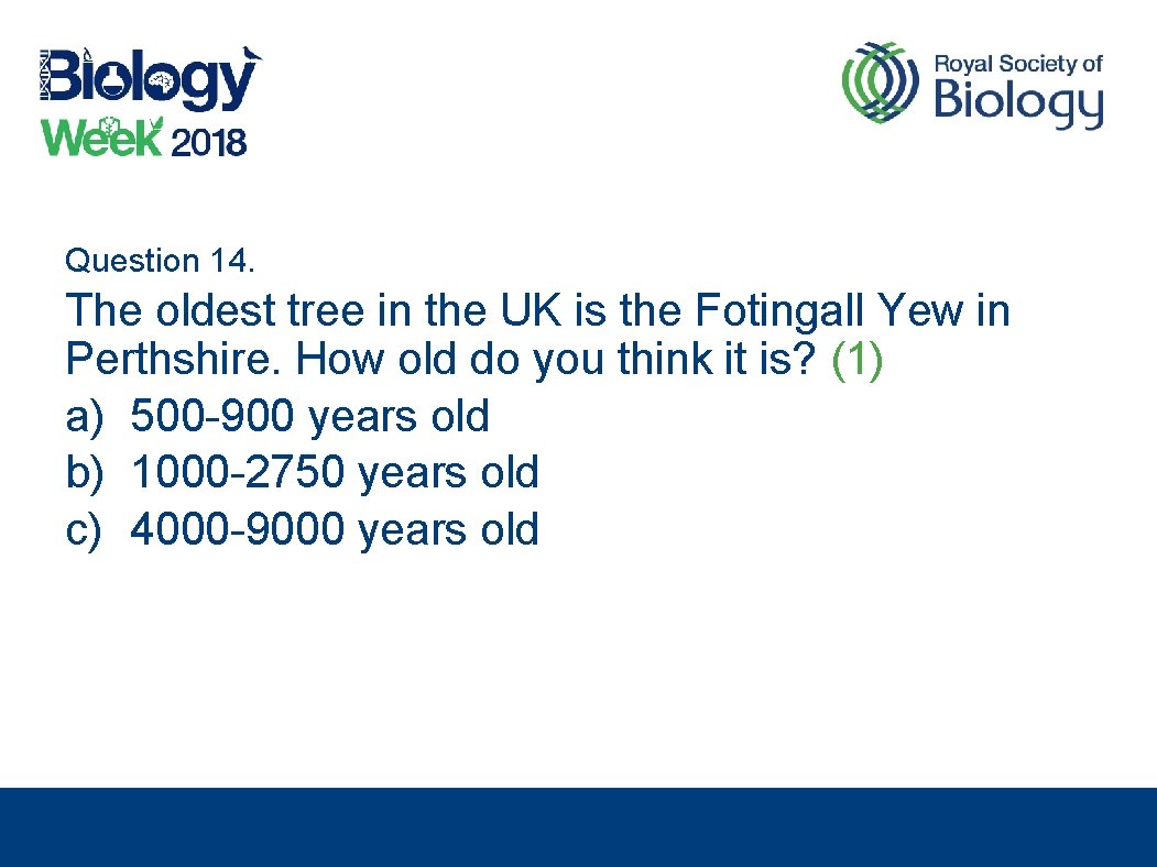 Question 14. The oldest tree in the UK is the Fotingall Yew in Perthshire.