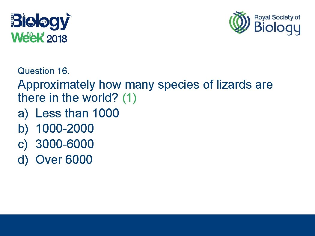 Question 16. Approximately how many species of lizards are there in the world? (1)