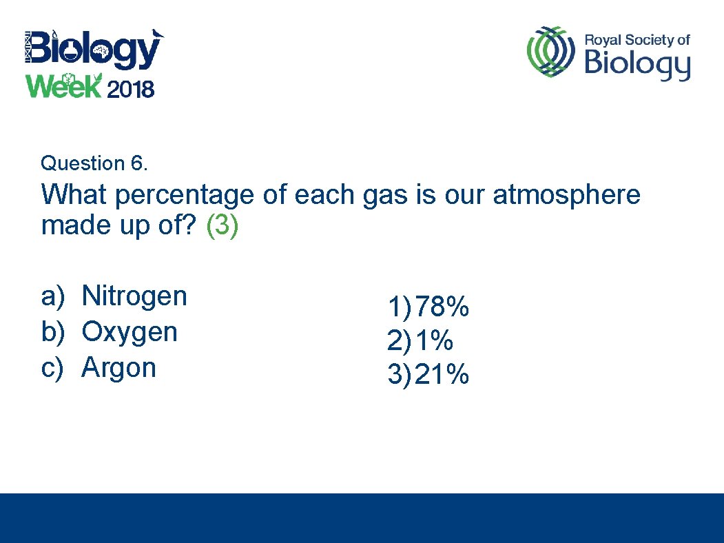 Question 6. What percentage of each gas is our atmosphere made up of? (3)