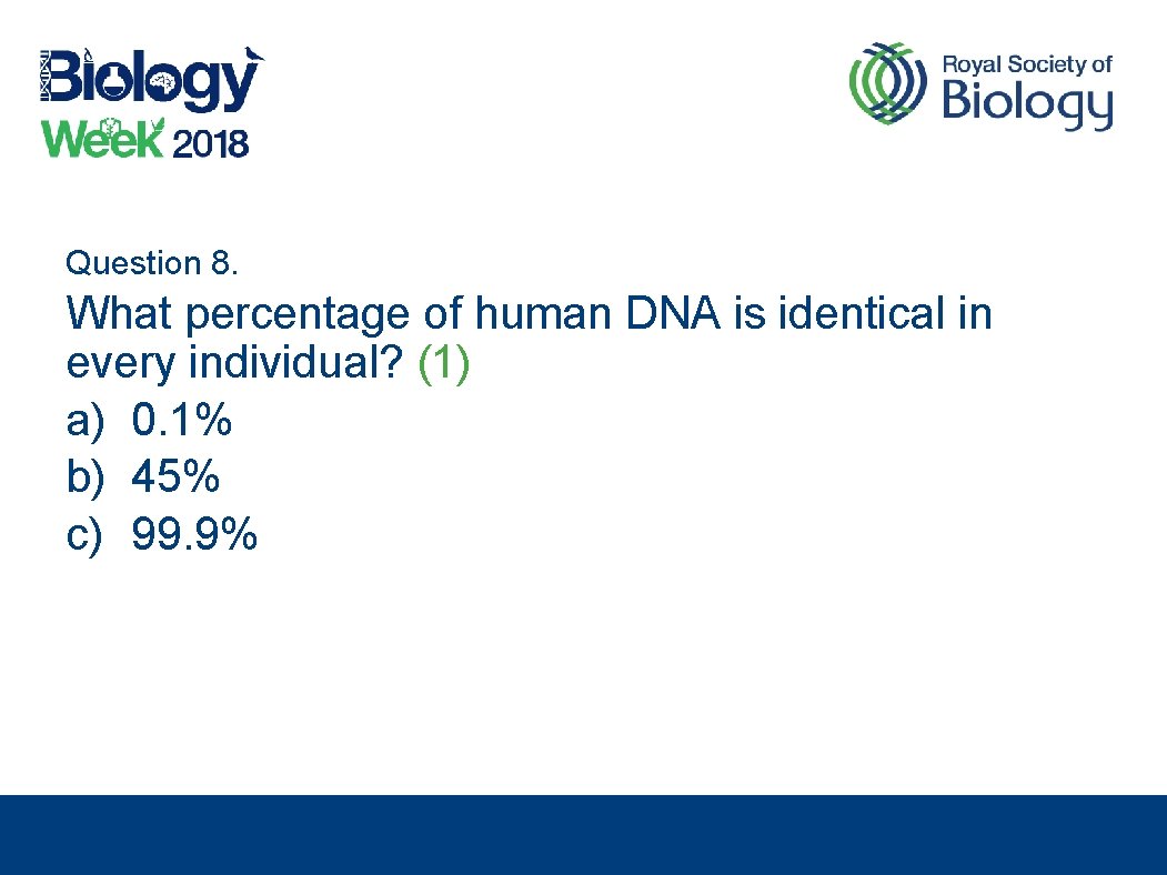 Question 8. What percentage of human DNA is identical in every individual? (1) a)