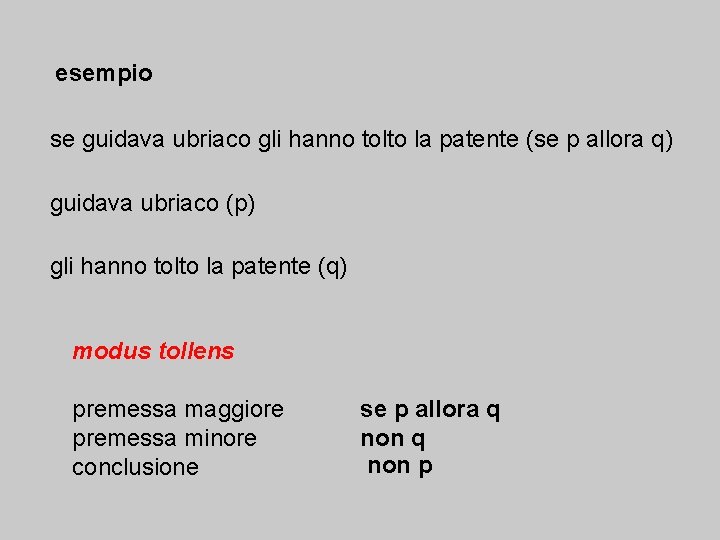 esempio se guidava ubriaco gli hanno tolto la patente (se p allora q) guidava