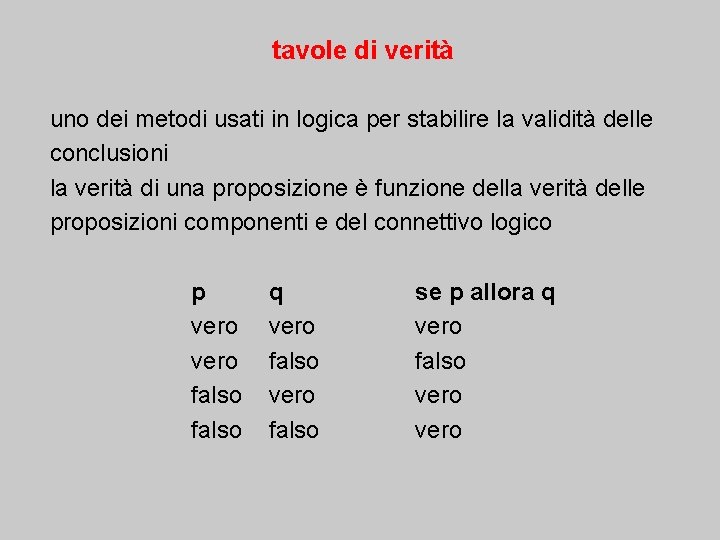 tavole di verità uno dei metodi usati in logica per stabilire la validità delle