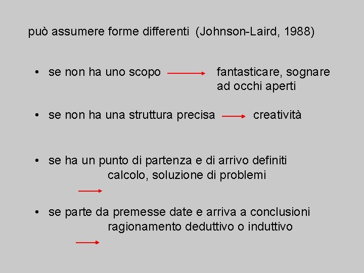 può assumere forme differenti (Johnson-Laird, 1988) • se non ha uno scopo fantasticare, sognare