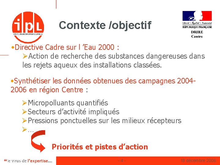 Contexte /objectif • Directive Cadre sur l ’Eau 2000 : ØAction de recherche des