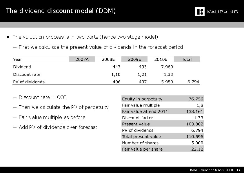 The dividend discount model (DDM) n The valuation process is in two parts (hence