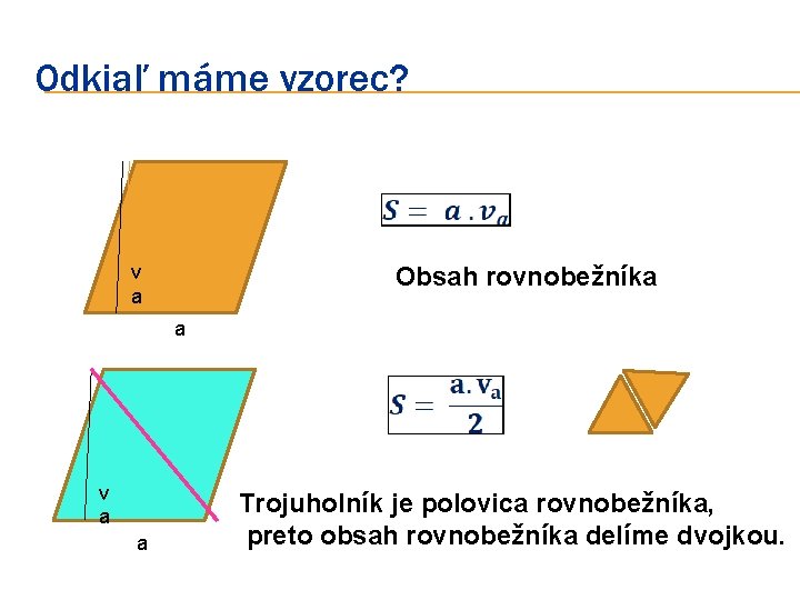 Odkiaľ máme vzorec? v a Obsah rovnobežníka a v a a Trojuholník je polovica Odkiaľ máme vzorec? v a Obsah rovnobežníka a v a a Trojuholník je polovica