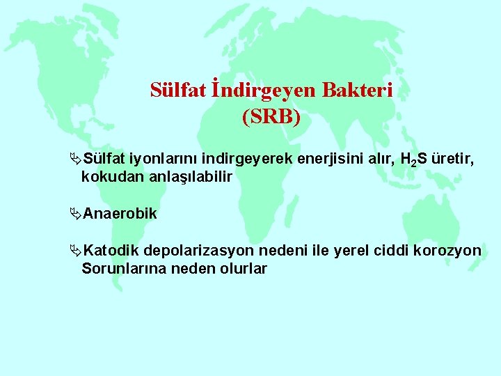 Sülfat İndirgeyen Bakteri (SRB) ÄSülfat iyonlarını indirgeyerek enerjisini alır, H 2 S üretir, kokudan