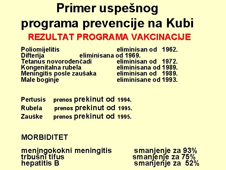 Primer uspešnog programa prevencije na Kubi REZULTAT PROGRAMA VAKCINACIJE Poliomijelitis eliminisan od 1962. Difterija