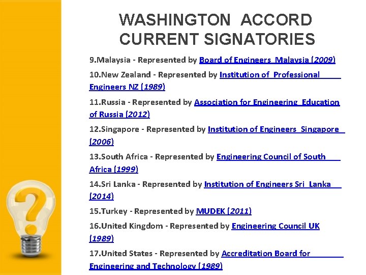 WASHINGTON ACCORD CURRENT SIGNATORIES 9. Malaysia - Represented by Board of Engineers Malaysia (2009)