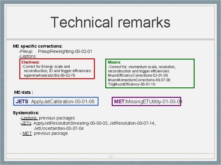 Technical remarks MC specific corrections: -Pileup: Pileup. Reweighting-00 -02 -01 -Leptons: Electrons: -Correct for