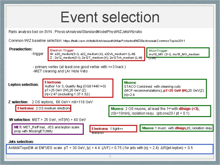 Event selection Rjets analysis tool on SVN : Physics. Analysis/Standard. Model. Phys/WZJets/Wzratio Common W/Z