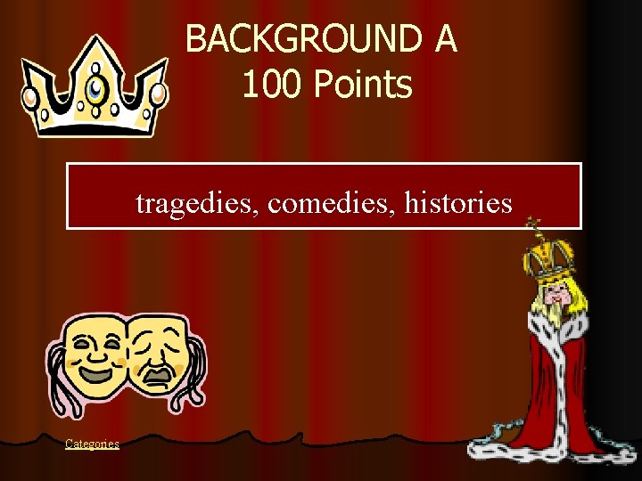 BACKGROUND A 100 Points tragedies, comedies, histories Categories 