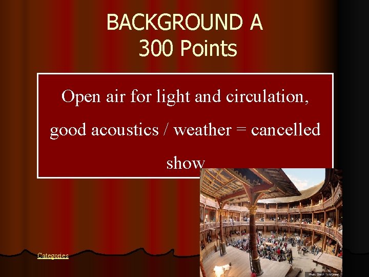 BACKGROUND A 300 Points Open air for light and circulation, good acoustics / weather