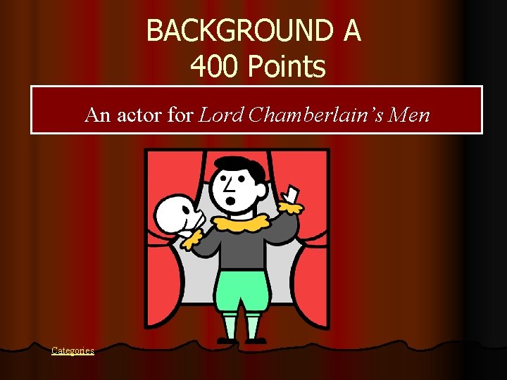 BACKGROUND A 400 Points An actor for Lord Chamberlain’s Men Categories 