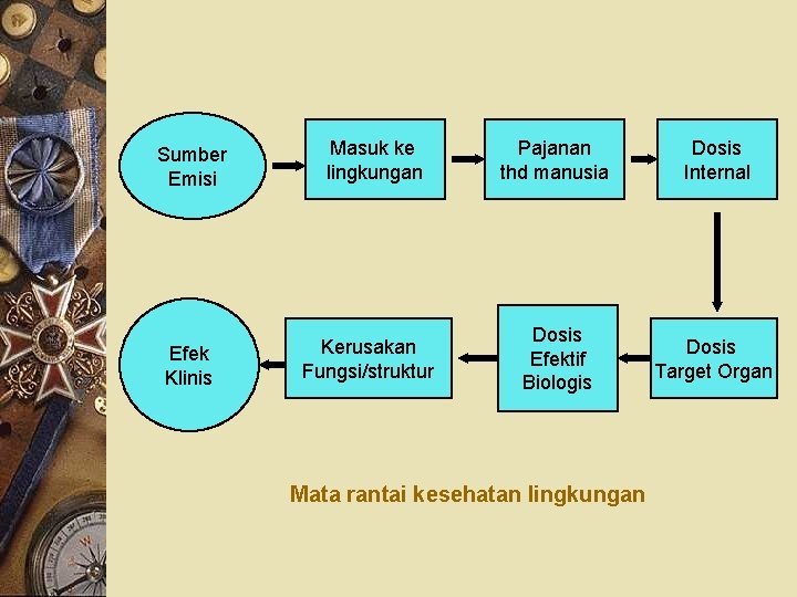 Sumber Emisi Efek Klinis Masuk ke lingkungan Kerusakan Fungsi/struktur Pajanan thd manusia Dosis Internal