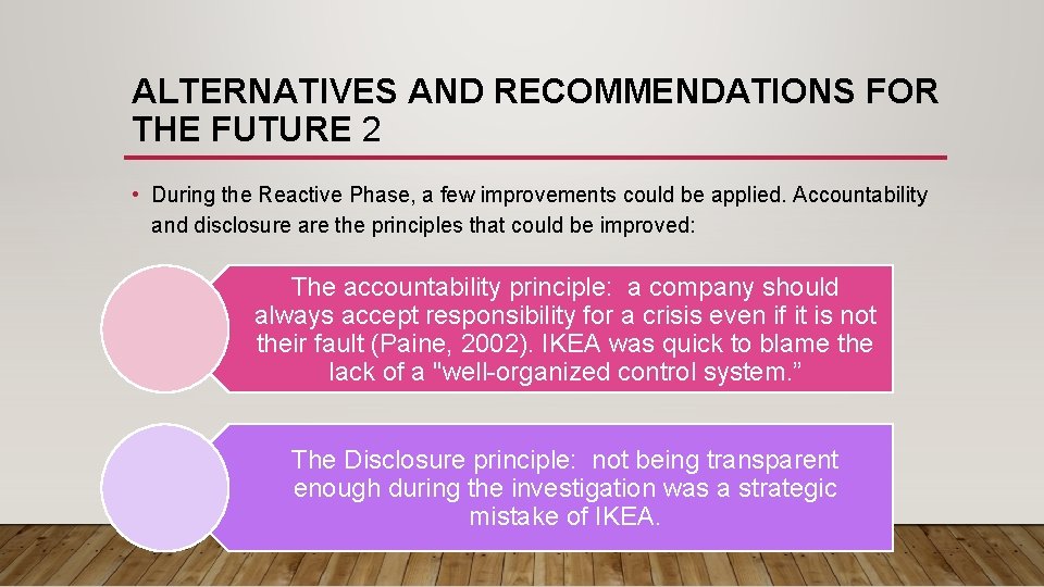 ALTERNATIVES AND RECOMMENDATIONS FOR THE FUTURE 2 • During the Reactive Phase, a few
