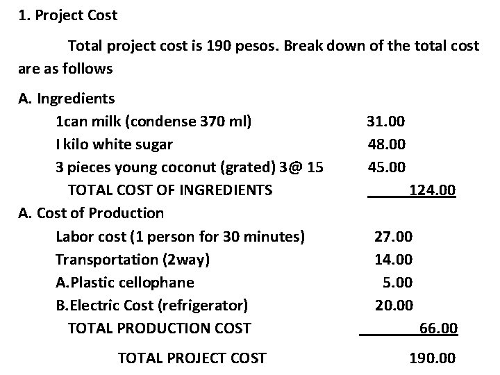 1. Project Cost Total project cost is 190 pesos. Break down of the total