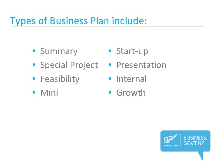 Types of Business Plan include: • • Summary Special Project Feasibility Mini • •