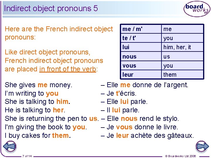 Indirect object pronouns 5 Here are the French indirect object pronouns: Like direct object