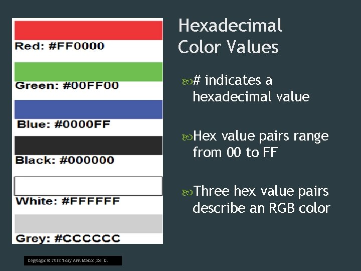 Hexadecimal Color Values # indicates a hexadecimal value Hex value pairs range from 00