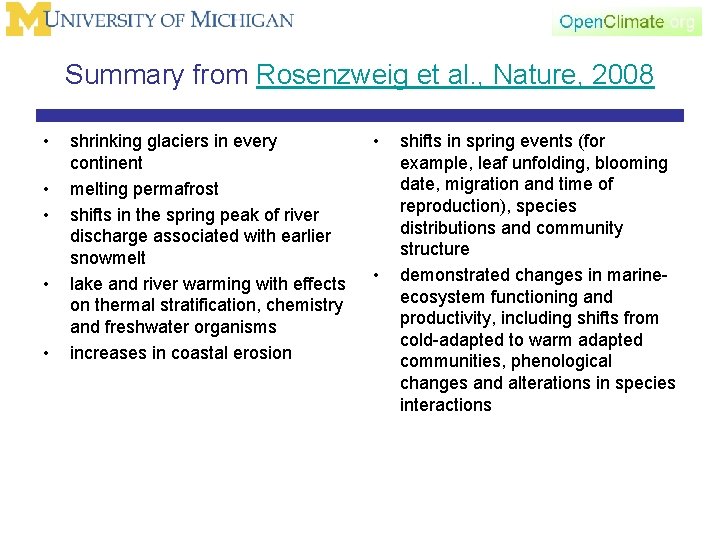 Summary from Rosenzweig et al. , Nature, 2008 • • • shrinking glaciers in