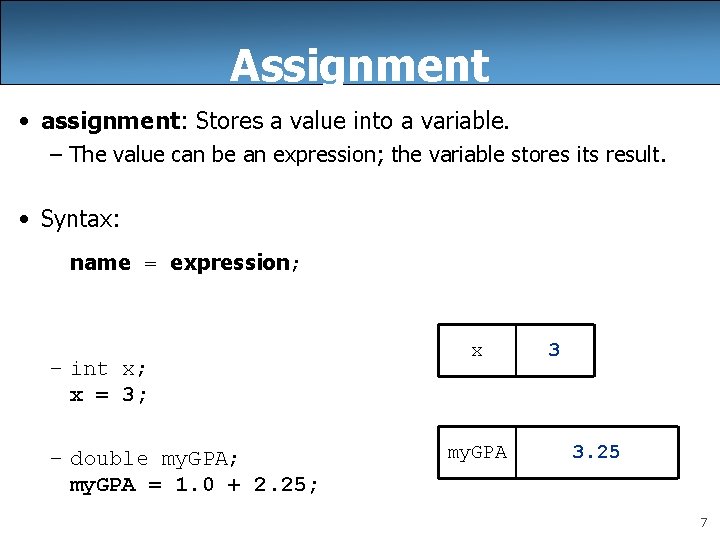 Assignment • assignment: Stores a value into a variable. – The value can be