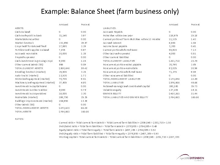 Example: Balance Sheet (farm business only) Amount ASSETS: Cash on hand Cash on deposit