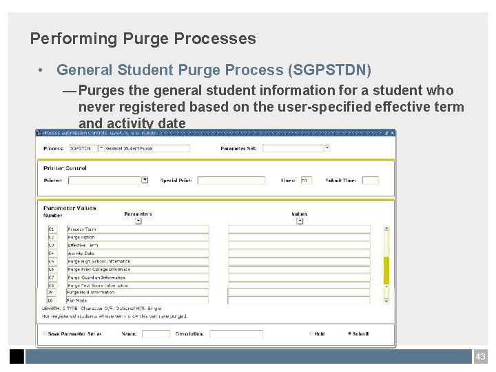 Performing Purge Processes • General Student Purge Process (SGPSTDN) — Purges the general student