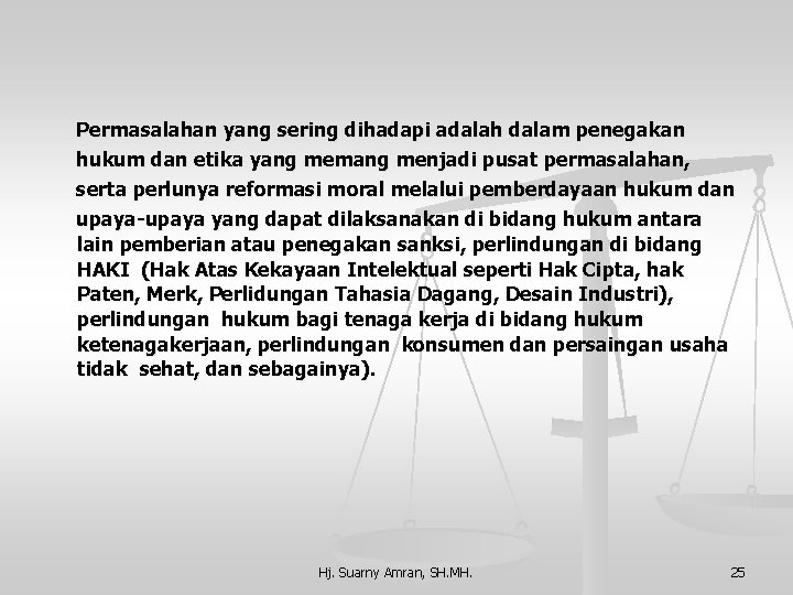 Permasalahan yang sering dihadapi adalah dalam penegakan hukum dan etika yang memang menjadi pusat