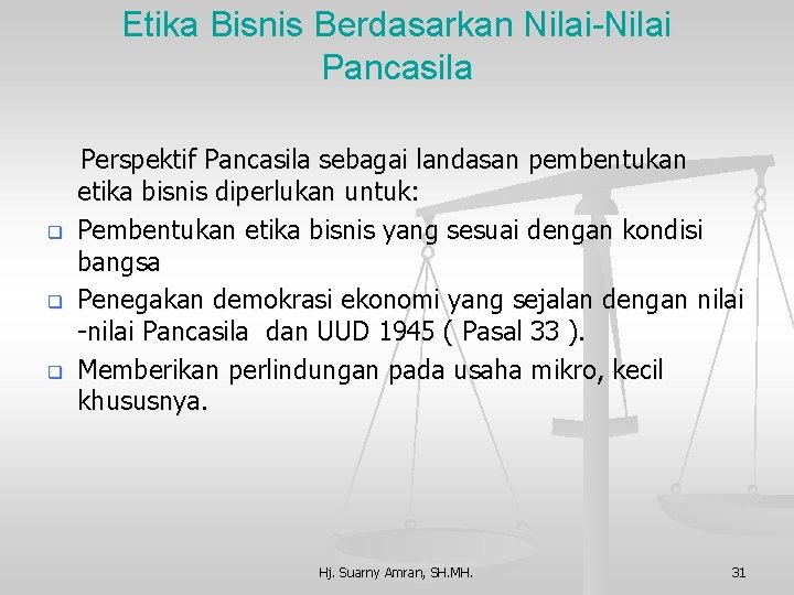 Etika Bisnis Berdasarkan Nilai-Nilai Pancasila q q q Perspektif Pancasila sebagai landasan pembentukan etika