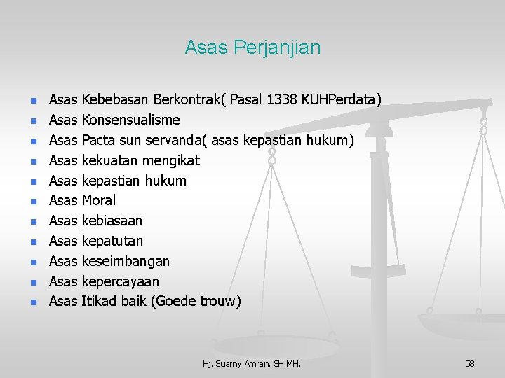 Asas Perjanjian n n Asas Kebebasan Berkontrak( Pasal 1338 KUHPerdata) Asas Konsensualisme Asas Pacta