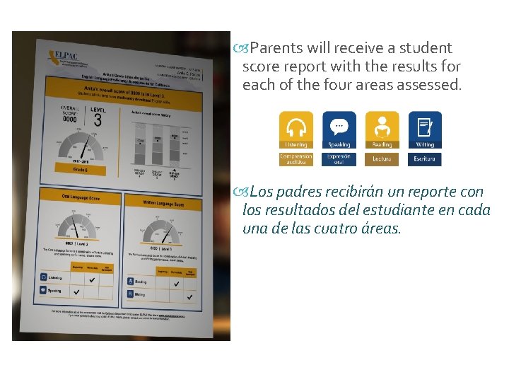  Parents will receive a student score report with the results for each of