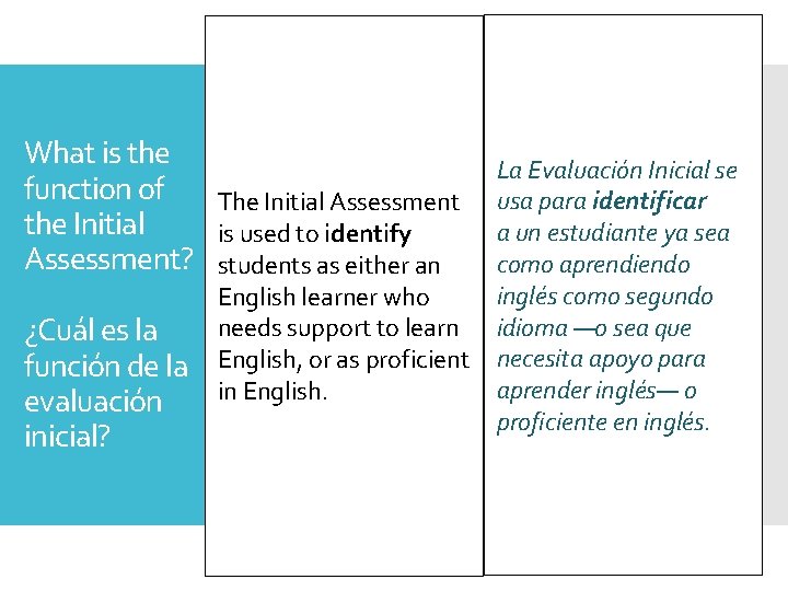 What is the function of the Initial Assessment? ¿Cuál es la función de la