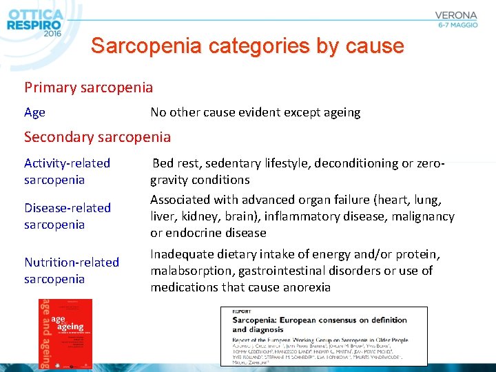 Sarcopenia categories by cause Primary sarcopenia Age No other cause evident except ageing Secondary