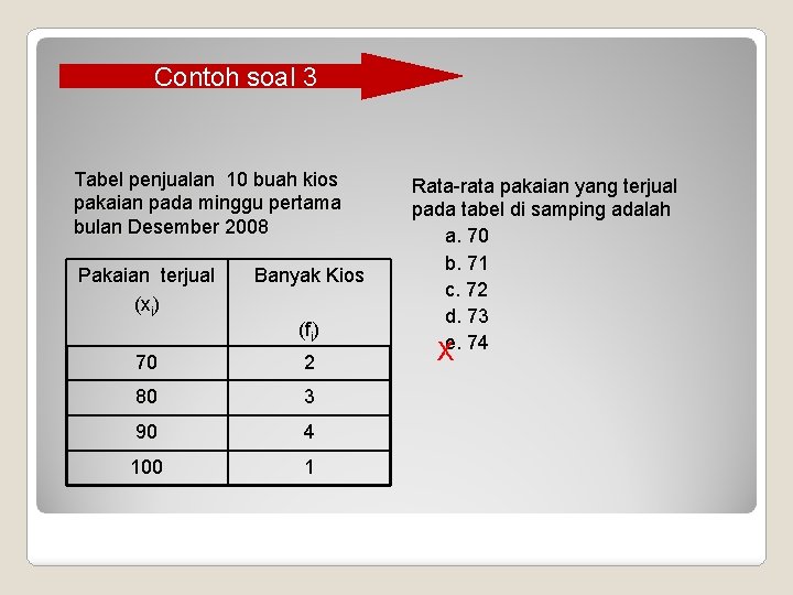 Contoh soal 3 Tabel penjualan 10 buah kios pakaian pada minggu pertama bulan Desember