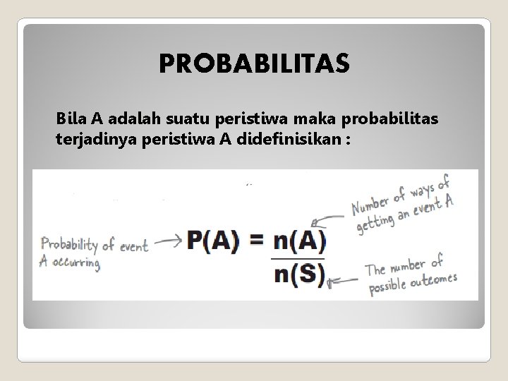 PROBABILITAS Bila A adalah suatu peristiwa maka probabilitas terjadinya peristiwa A didefinisikan : 