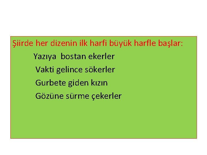 Şiirde her dizenin ilk harfi büyük harfle başlar: Yazıya bostan ekerler Vakti gelince sökerler