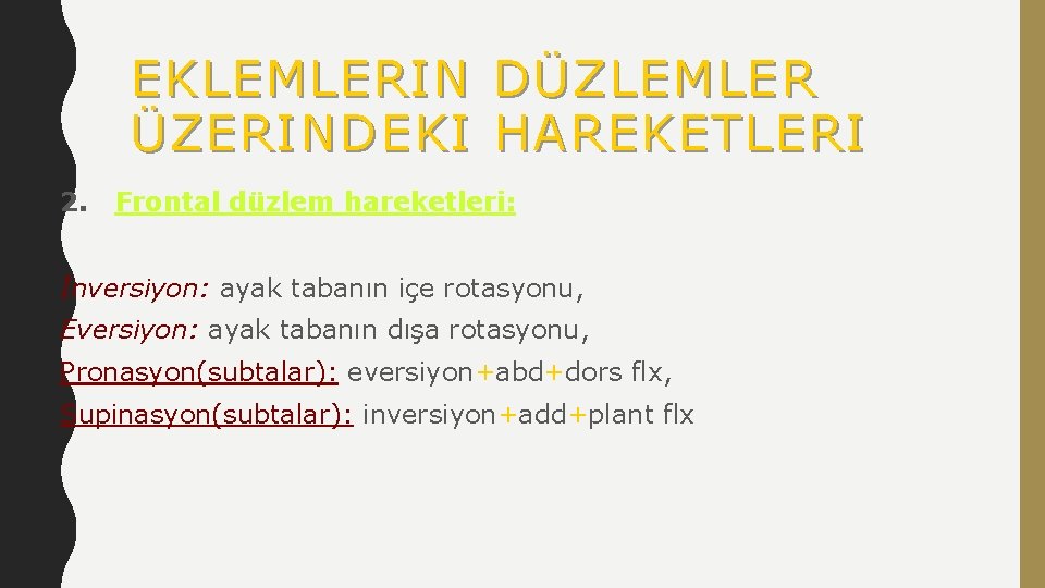 EKLEMLERIN DÜZLEMLER ÜZERINDEKI HAREKETLERI 2. Frontal düzlem hareketleri: İnversiyon: ayak tabanın içe rotasyonu, Eversiyon: